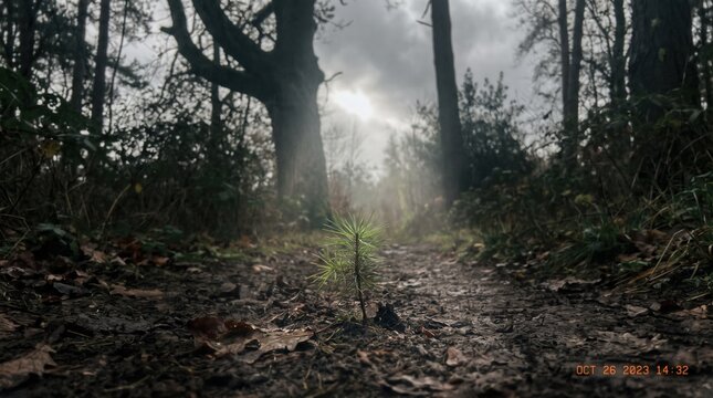 Small Pine Seedling Growing on Muddy Forest Path with Sunbeams Through Mist for Environmental Conservation and New Beginnings Concepts