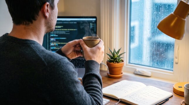 Software developer taking coffee break at home office desk on rainy day with laptop and notebook for remote work and burnout prevention