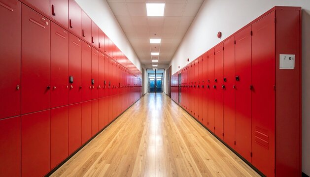 Empty factory rows of red lockers on both sides and polished wooden floors