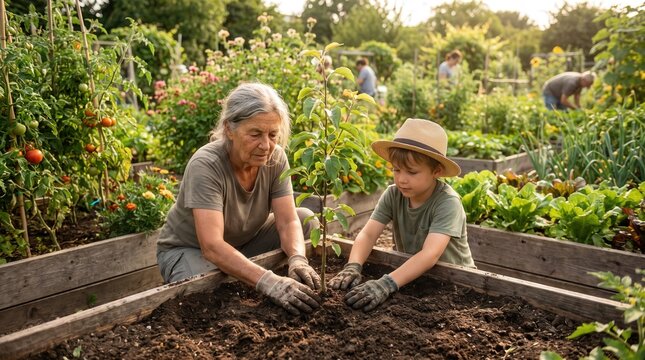 Senior woman and young boy planting a sapling tree in a raised garden bed. Intergenerational family gardening in a lush organic community garden for sustainability awareness.
