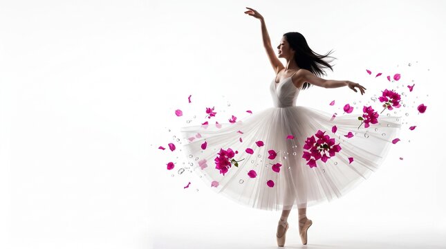 Elegant ballerina dancing in white tutu, swirling pink flower petals, graceful studio pose on white background, artistic dance concept