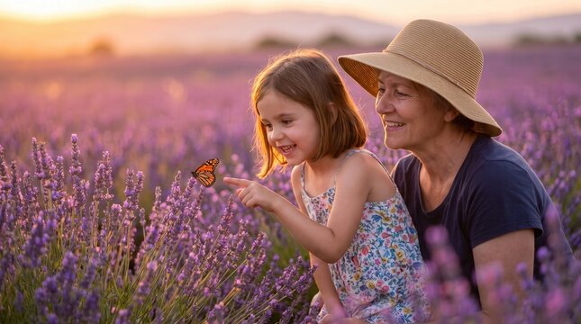 Grandmother and Little Girl Watching Butterfly on Lavender Flower in Field at Sunset for Family Travel and Intergenerational Connection