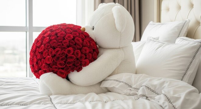 Teddy bear holding red roses on bed