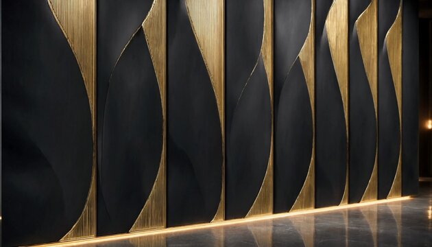 Black and gold parametric wall with vertical wavy panels and warm floor level accent lighting