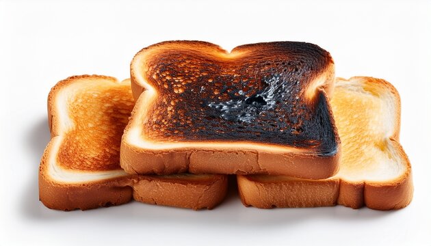 stack of toasted white bread slices isolated on white background with one burnt slice on top