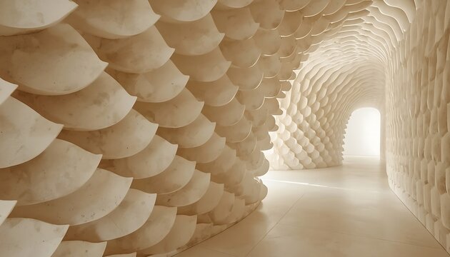 An organically shaped interior hallway with a curved textured wall leading to a bright opening, showcasing architectural innovation and natural forms.
