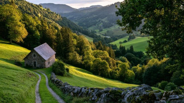 Serene landscape featuring a rustic stone cottage surrounded by lush greenery and rolling hills under a golden sunset in a tranquil nature scene