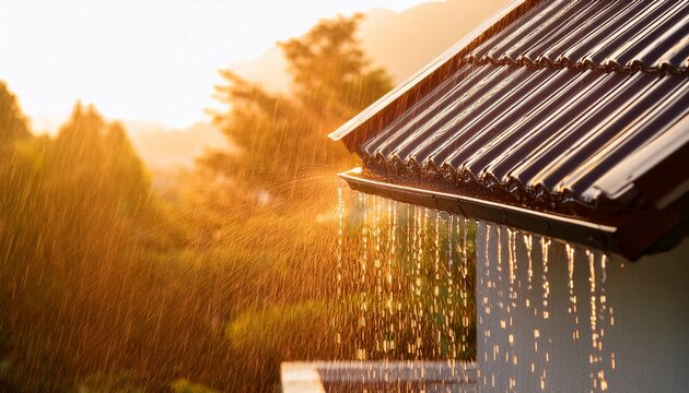 refreshing rain shower falling from house roof eaves and gutter illuminated by bright golden sunlight
