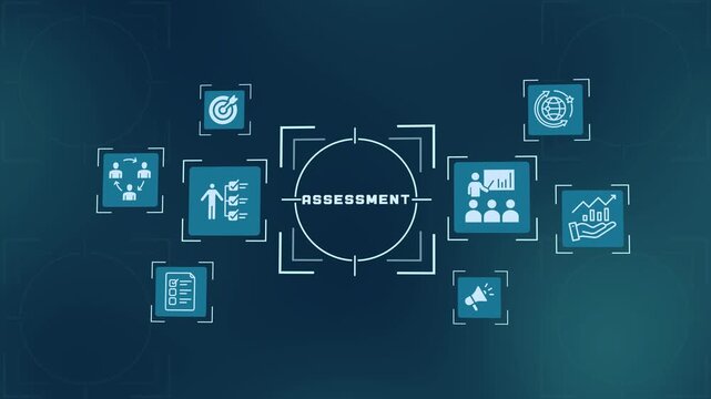 Business assessment dashboard with digital HUD interface and analytics icons for enterprise performance analysis.