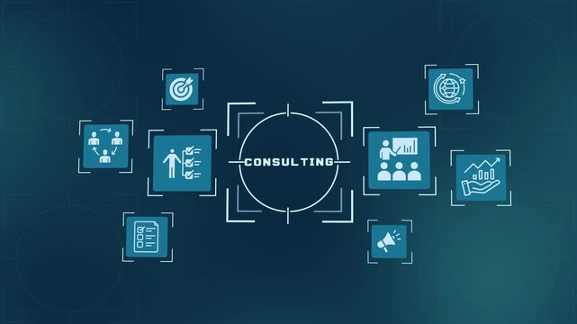 Professional business consulting concept with presentation analysis icons and digital corporate advice graphics.