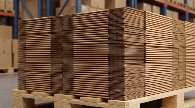Stack of brown cardboard boxes on a wooden pallet inside a large industrial warehouse storage facility