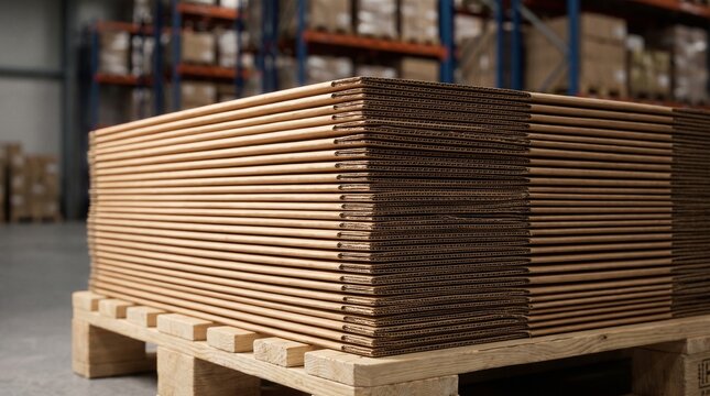 Stack of flat brown cardboard boxes on a wooden pallet inside a large industrial warehouse storage area