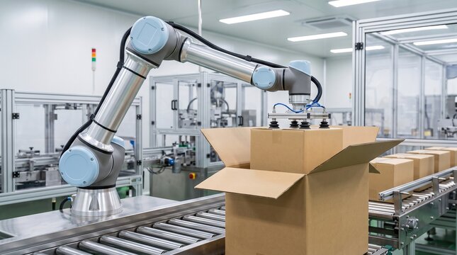 Industrial robotic arm picking up a cardboard box on an automated assembly line in a modern factory
