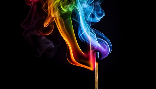 a matchstick with a rainbow of colorful smoke on a black background