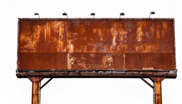 a weathered rust covered billboard frame stands isolated on a white background this blank sign is ideal for custom advertising mockups and commercial marketing campaigns