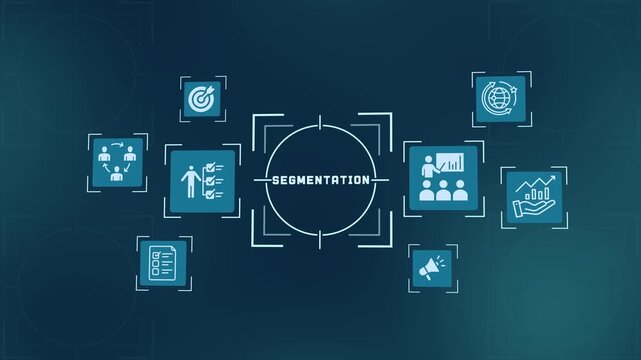 Market segmentation concept graphic with analytics and target icons on dark blue digital tech background banner design.