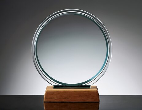 blank circular glass award or trophy on wooden stand on grey background