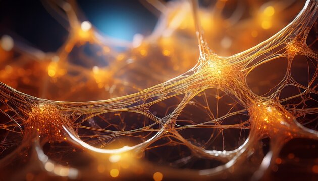 microscopic organic fibrous web structure with glistening translucent strands resembling biological connective tissue or complex neural networks in a warm golden light