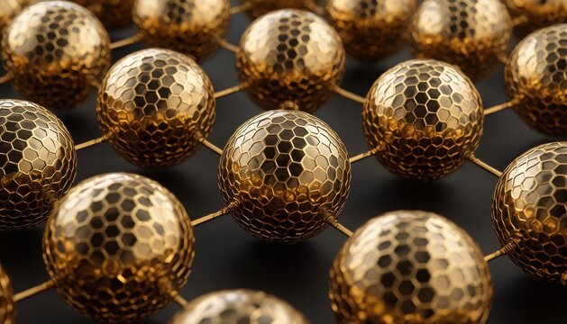 Abstract gold sphere network structure connected by metallic rods with structure metallic connection geometric abstract technology background communication innovation particle geometry