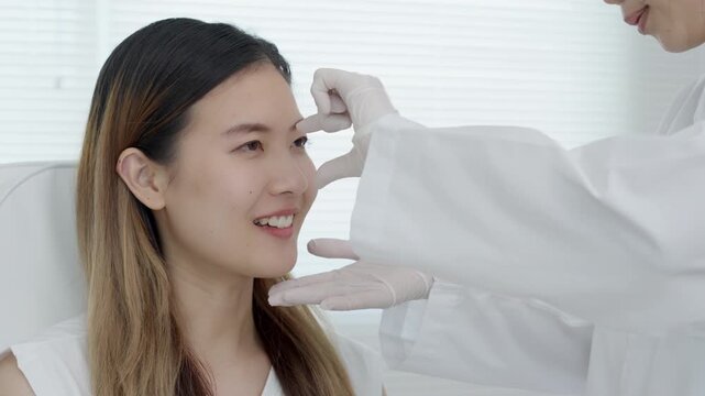 plastic surgery, beauty, Surgeon or beautician touching woman face, surgical procedure that involve altering shape of face, doctor examines patient face, medical assistance, health