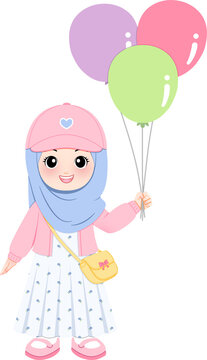 A cute Muslim girl wearing a hijab and cap holding colorful balloons in a charming vector illustration