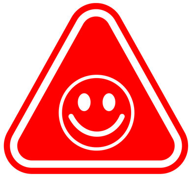 Red triangular warning sign featuring a stylized white smiley face symbol. This graphic concept represents positive alerts, happy notifications, safety notices, or friendly hazard warnings.