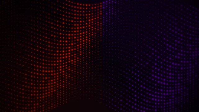 Waving red and purple glowing dot matrix pattern on a dark background, concept for digital data visualization, network backgrounds and technology displays
