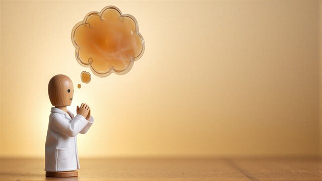 Wooden doctor figure in white coat, thinking with golden thought bubble.