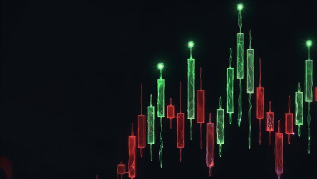 Crypto chart with green and red candles, cannabis leaf icons glowing against dark background.