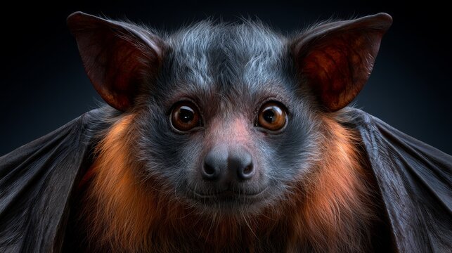 Majestic Portrait of a Bats Featuring Fluffy Fur, Expressive Face, and Unique Texture Captured in Stunning Detail Against a Dark Background