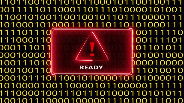 Digital warning sign displays ready message on binary code background motion.