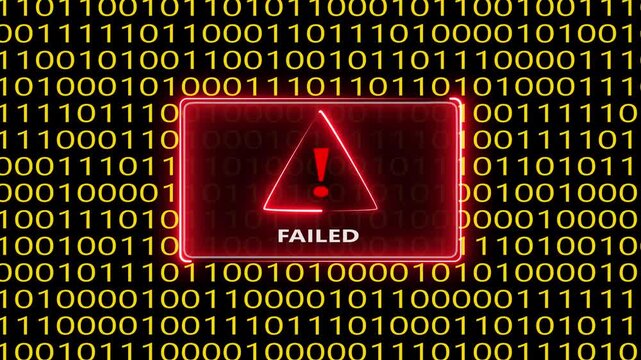 Failed message on screen with warning sign and binary code on background looping animation.