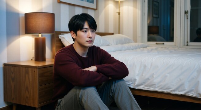 Young man in sweater sits thoughtfully in bedroom, reflecting on mental health and self-care therapy.