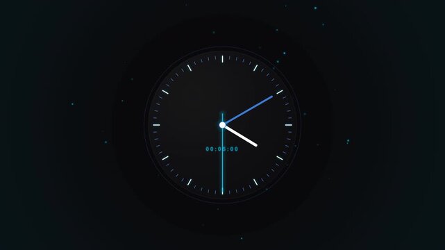 Digital clock with glowing neon hands on dark background, modern UI design, perfect for tech intros, business presentations and time-lapse projects