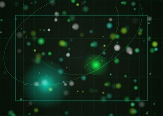 Obraz premium Abstract Digital Background with Glowing Green Bokeh Spheres and Geometric Grid Lines