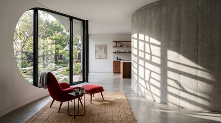 Fototapeta premium Modern interior design with red chair and garden view in minimalist space