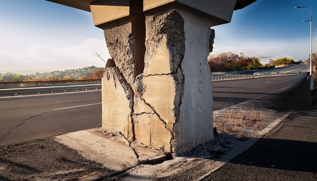 damaged and cracked concrete support pillar of an overpass bridge