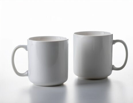 high definition photo of two blank white coffee mugs on a white background