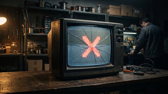 Vintage television with cracked screen and error signal in workshop setting