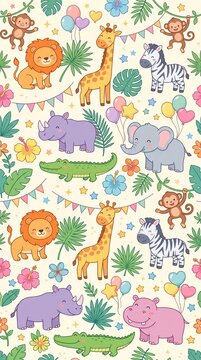 Colorful Jungle Animal Seamless Pattern Featuring Monkeys, Crocodiles and Tropical Leaves