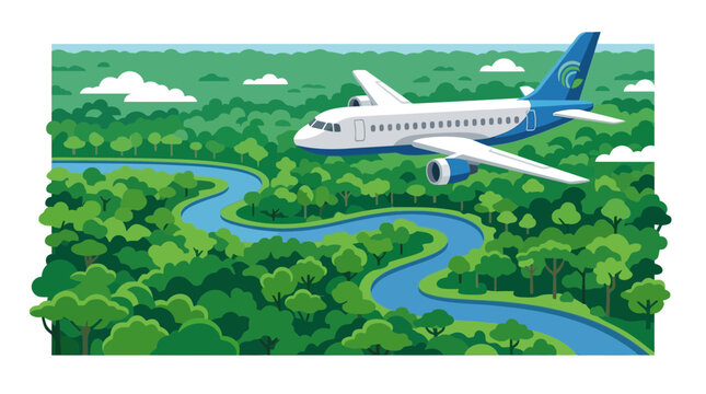 Airplane Flying Over Lush Green Forest and Winding River