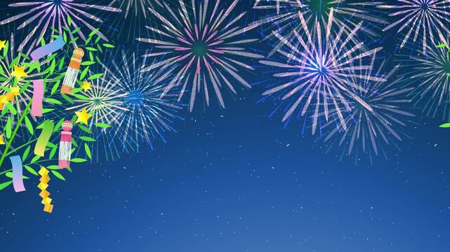Fireworks and Tanabata bamboo decorations 4K