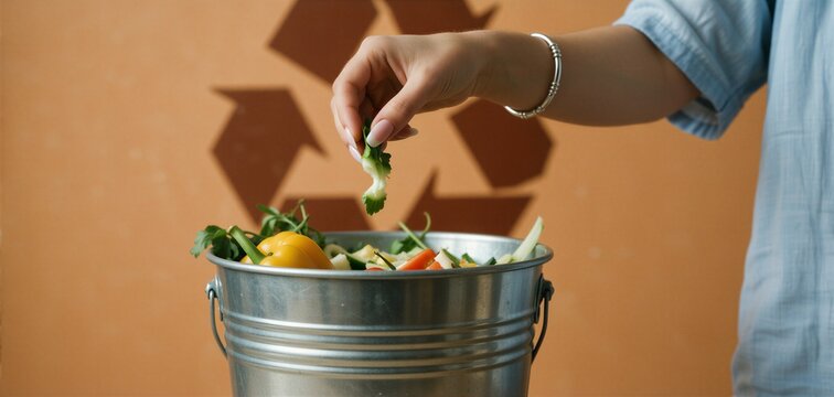 Womans hand sorting vegetable scraps in a metal bucket, promoting a zero waste and sustainable lifestyle.