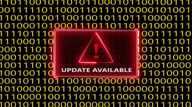 Update available text on red warning sign over binary code background computer screen motion.