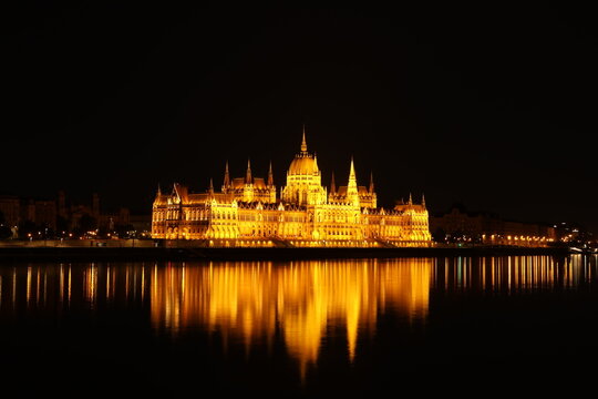 Budapest, hungarian parliament building and reflections at night from an unusual viewpoint