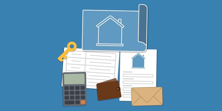 House blueprint, calculator, savings envelope, mortgage document, wallet, key and planning worksheet. Home purchase goal concept scene. Home buying savings and financial planning process. 