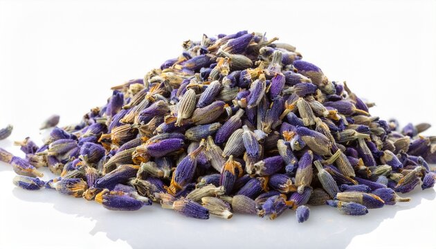 a neat pile of aromatic dried lavender buds isolated on white excellent for aromatherapy spa natural cosmetics herbal tea and wellness concepts