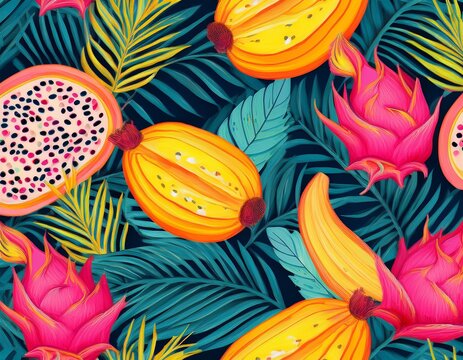 vibrant tropical seamless pattern with pink dragon fruit yellow papaya and colorful exotic palm leaves fun bright summer design for textile or wrapping paper