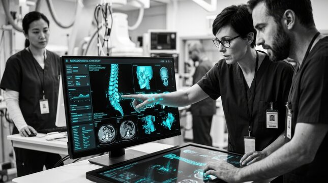Healthcare Professionals Analyzing Medical Scans On Modern Technology