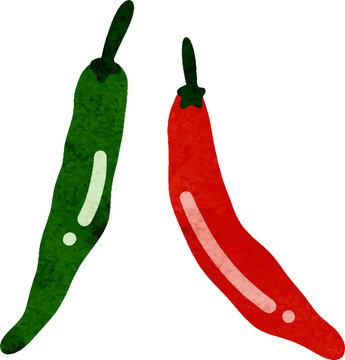 Two chili peppers, one red and one green, with textured watercolor style